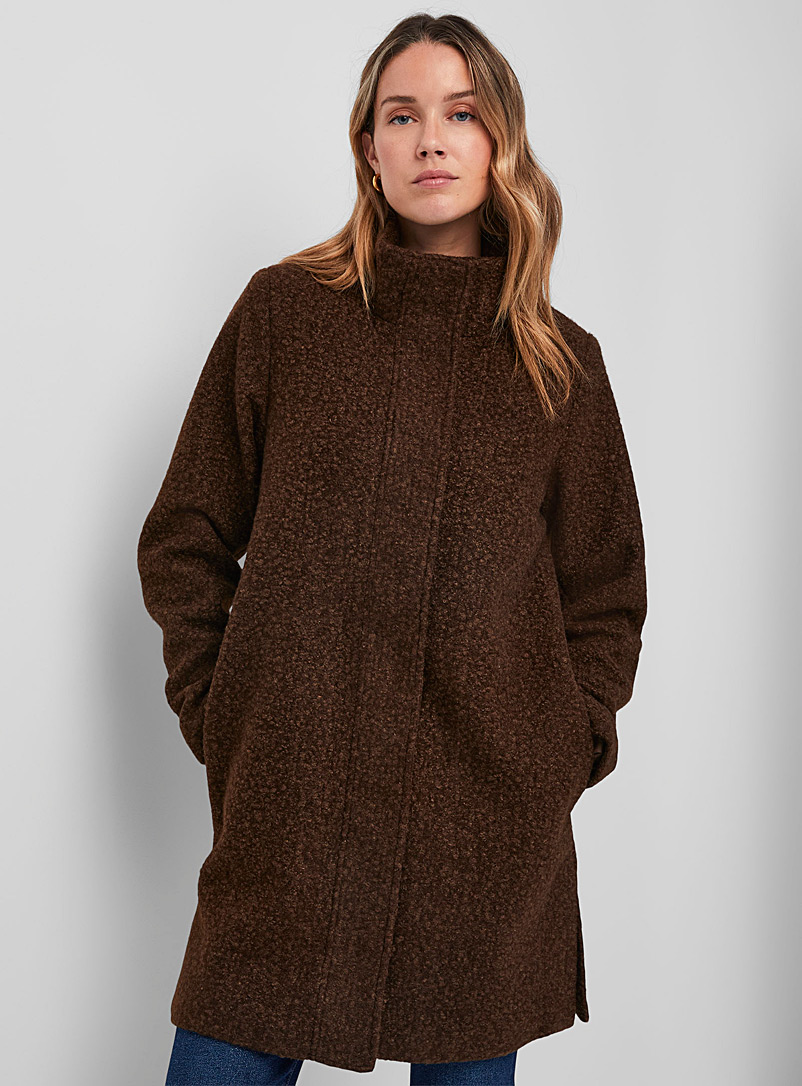 Fransa Brown Heathered bouclé stand-collar coat for women