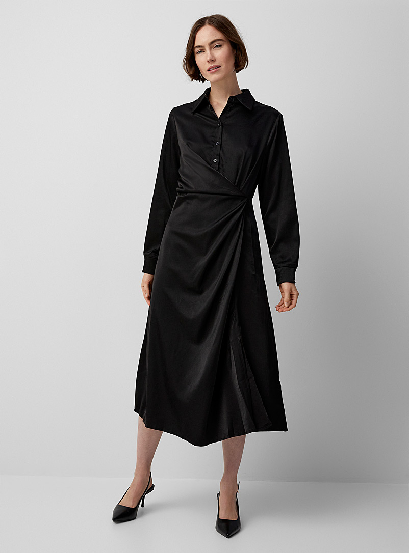 Fransa Black Draped-waist satiny dress for women