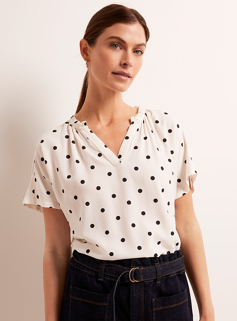 Fransa Patterned White Ruffled collar polka dot flowy blouse for women
