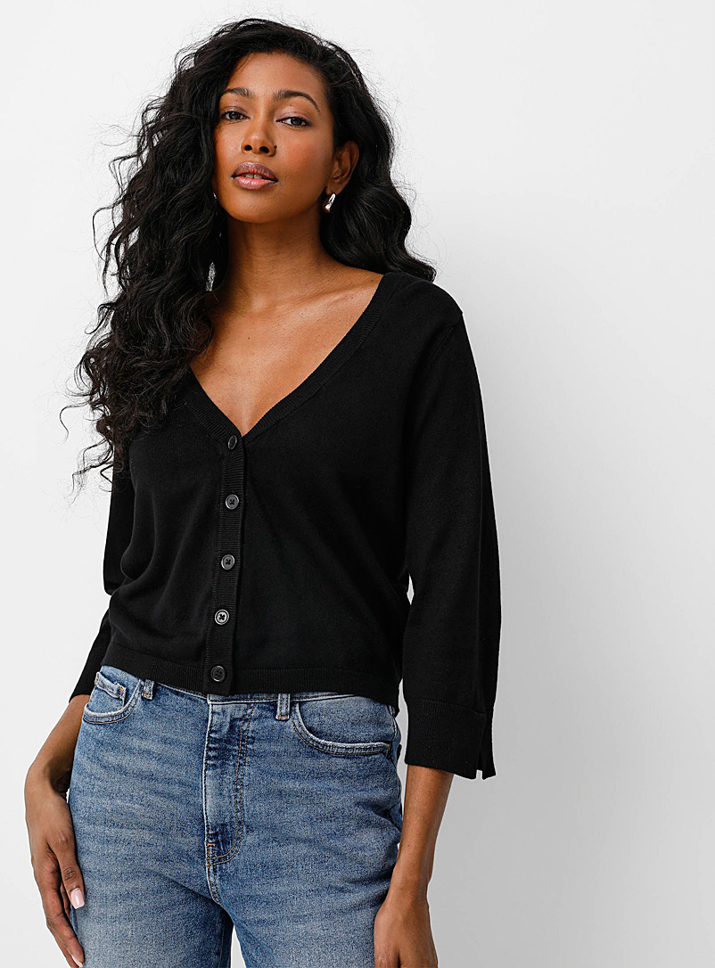 Fransa Black Fine-knit V-neck cropped cardigan for women