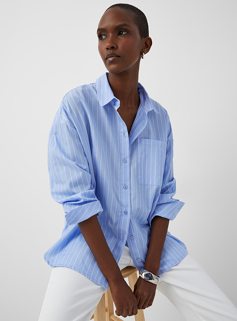 Fransa Patterned Blue Pinstriped oversized shirt for women