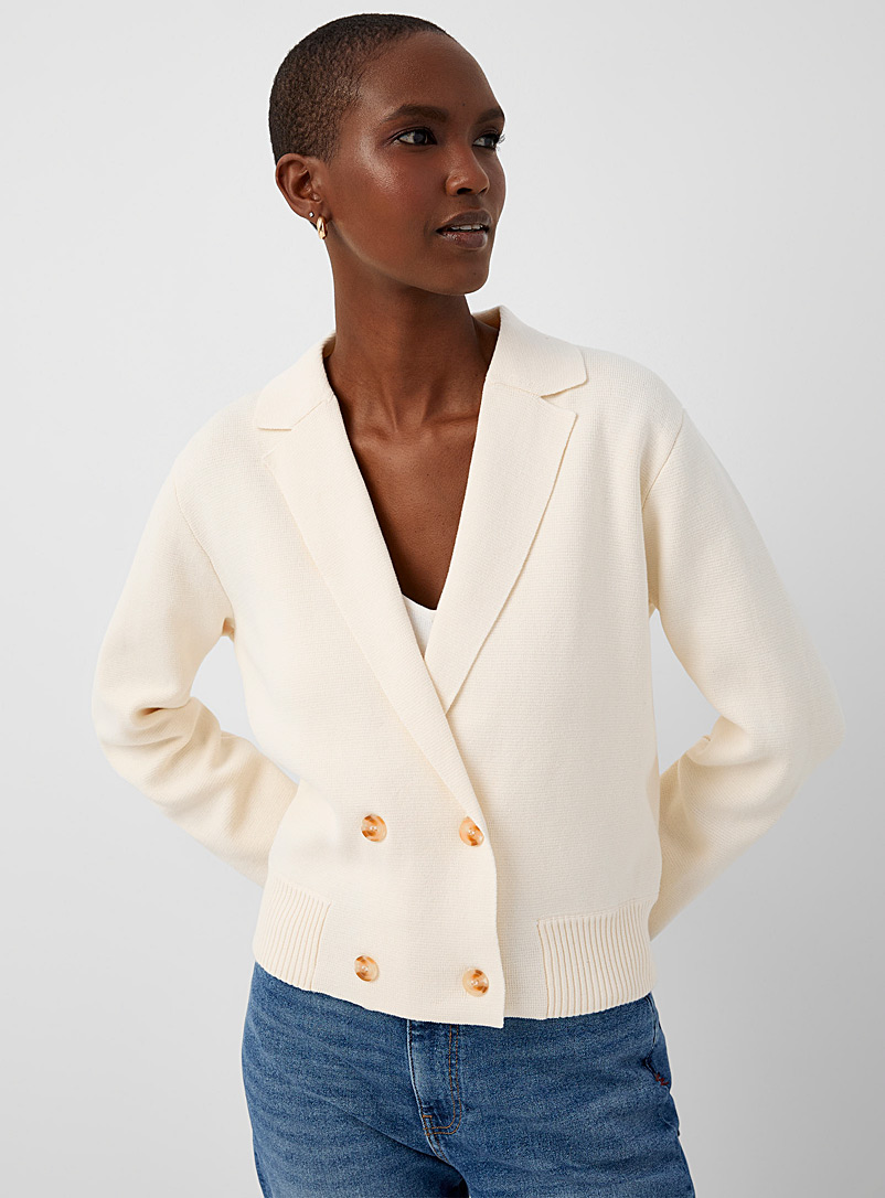 Fransa Ivory White Double-breasted cropped cardigan for women
