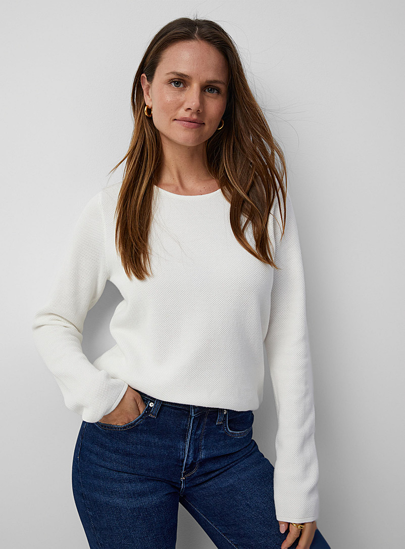 Fransa Ivory White Textured cotton sweater for women