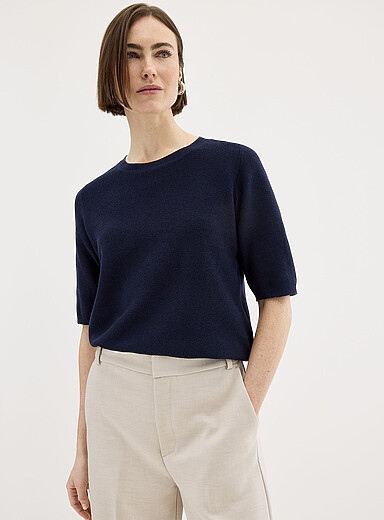 Fransa Navy/Midnight Blue Boxy-fit short-sleeve natural-texture sweater for women