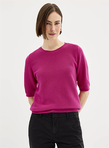 Fransa: Le chandail carr&eacute;e texture naturelle manches courtes Fuchsia pour femme