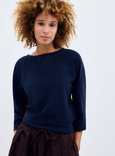 Fransa: Le chandail ajour&eacute; fin tricot manches 3/4 Bleu marine - Bleu nuit pour femme