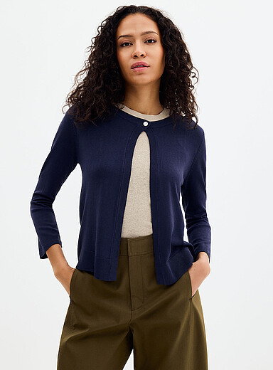 Fransa Navy/Midnight Blue Fine knit open cardigan for women