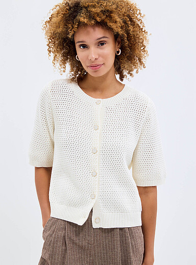 Fransa Off White Moss-stitch short-sleeve cardigan for women