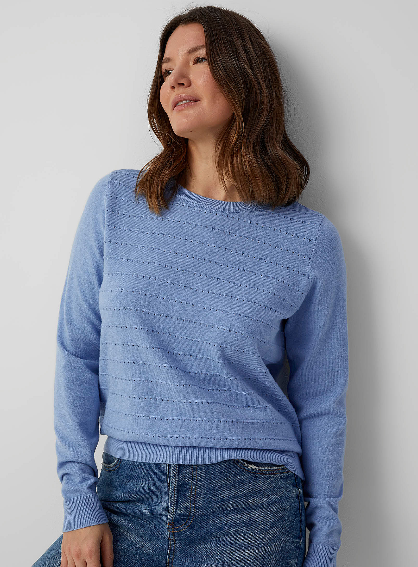 Fransa Openwork Stripes Lightweight Sweater In Baby Blue
