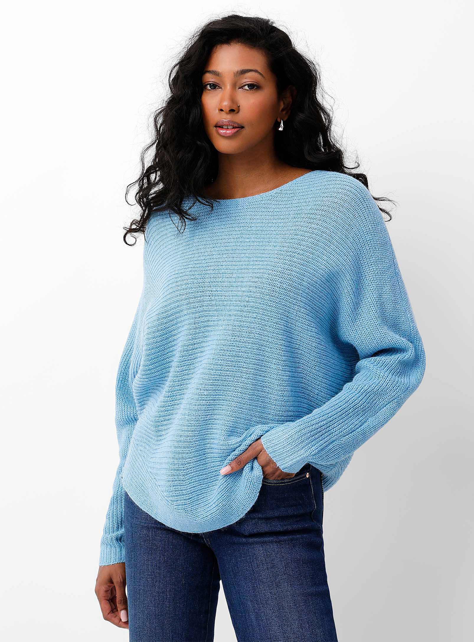Fransa Batwing-sleeve Ribbed Sweater In Slate Blue