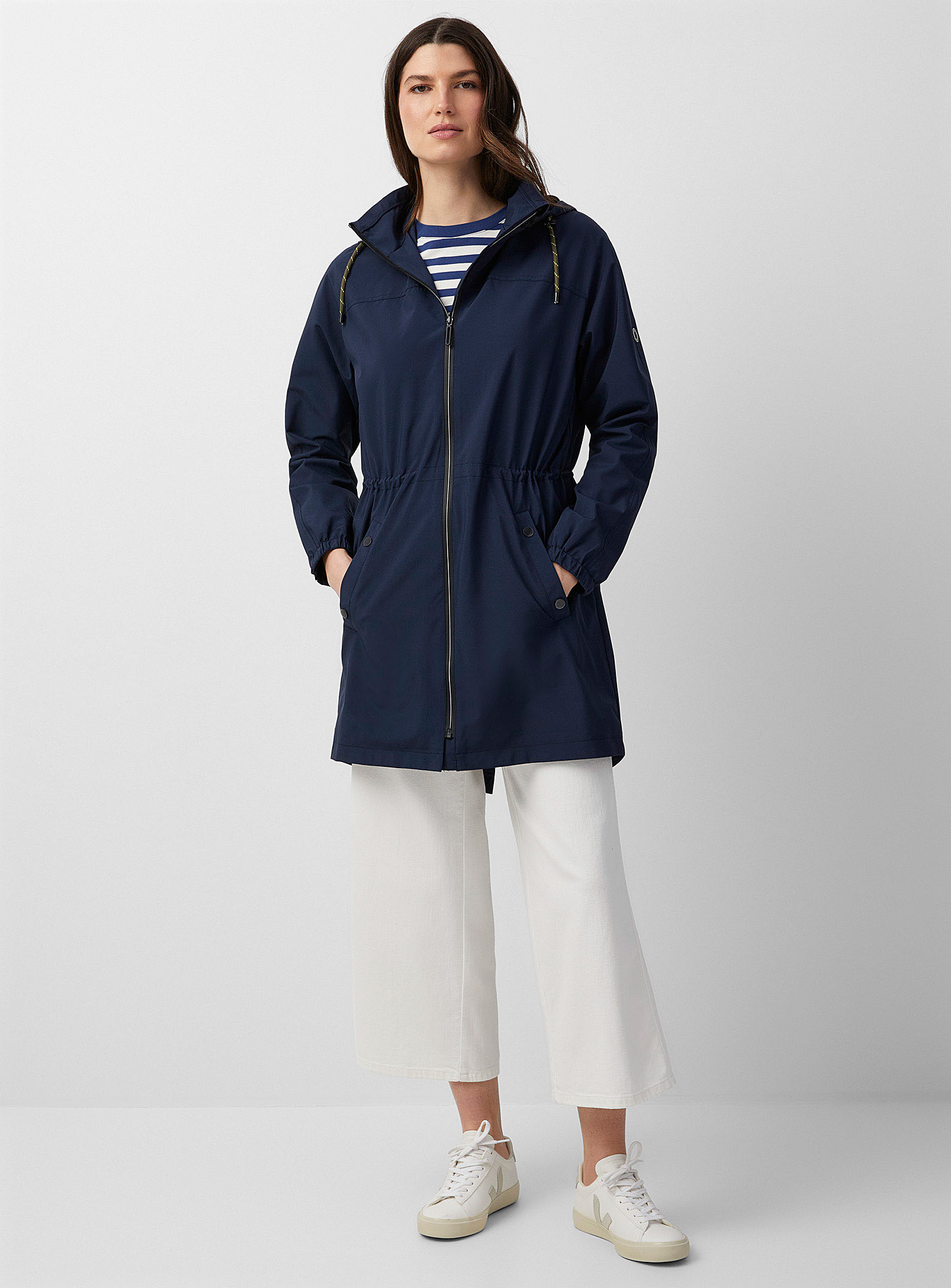 Fransa Removable Hood Cinched-waist Raincoat In Marine Blue