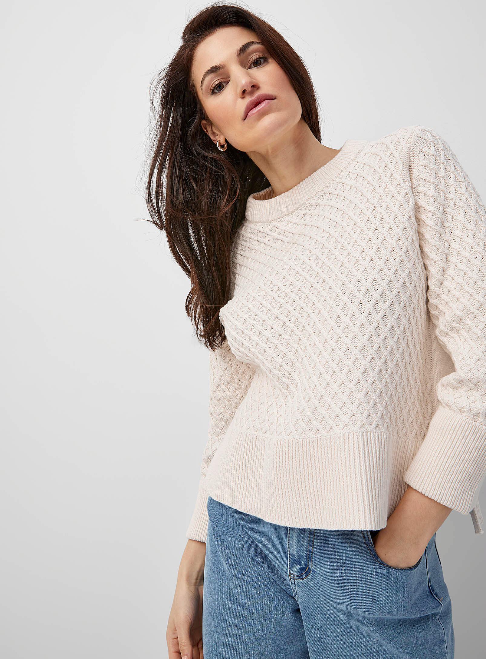 Fransa Latticework Knit Sweater In Ivory White