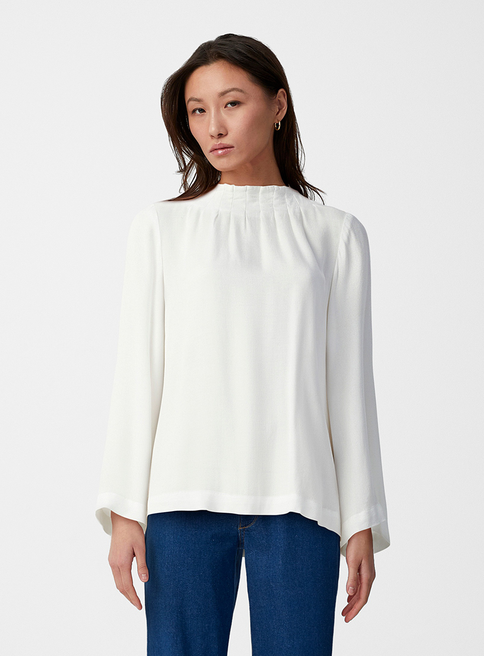 Fransa Pleated Collar Flowy Blouse In Ivory White