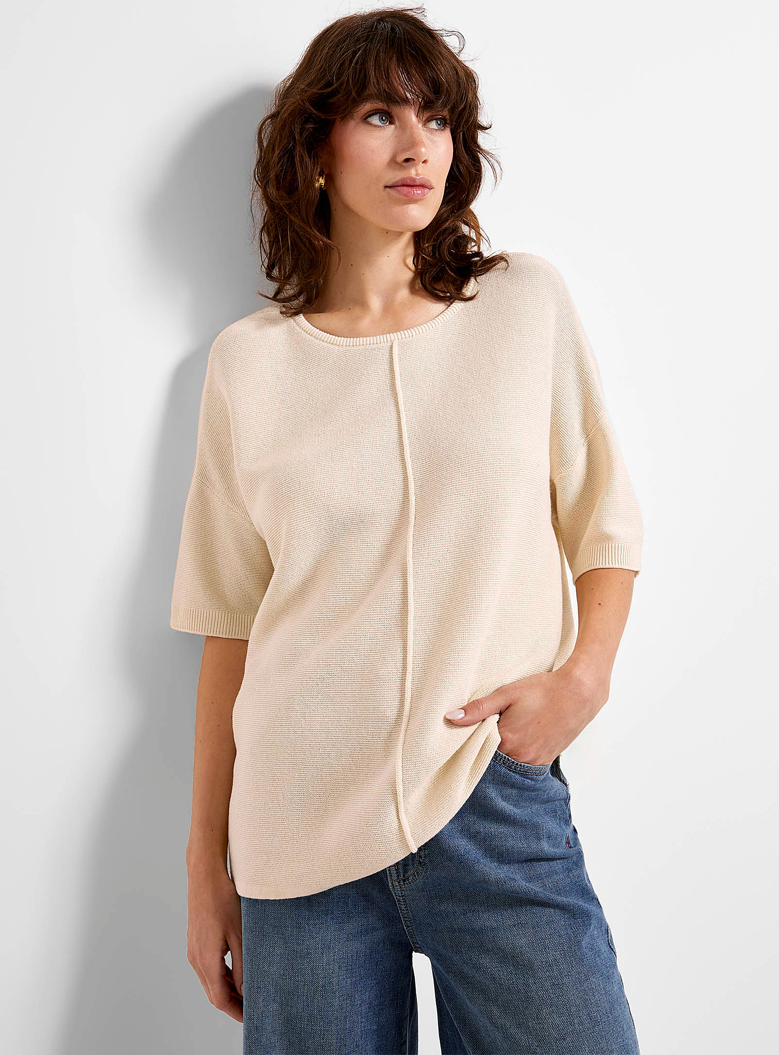 Fransa Embossed Seam Loose Sweater In Neutral