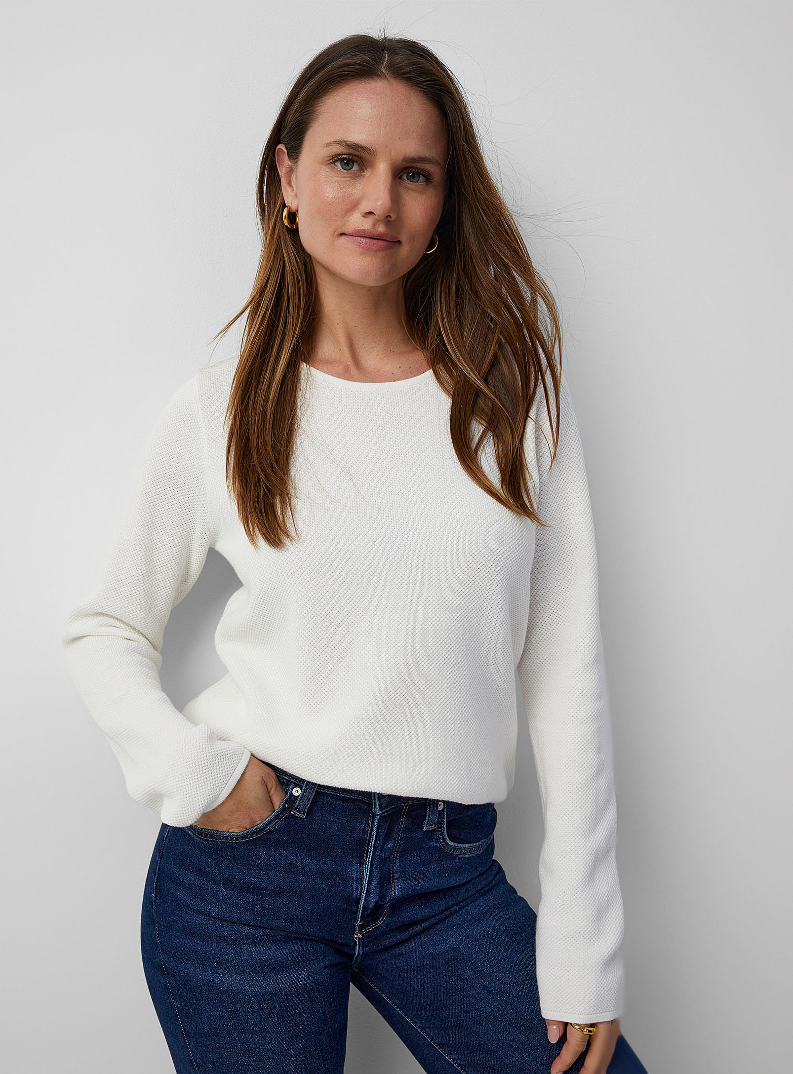 Fransa Textured Cotton Sweater In Ivory White