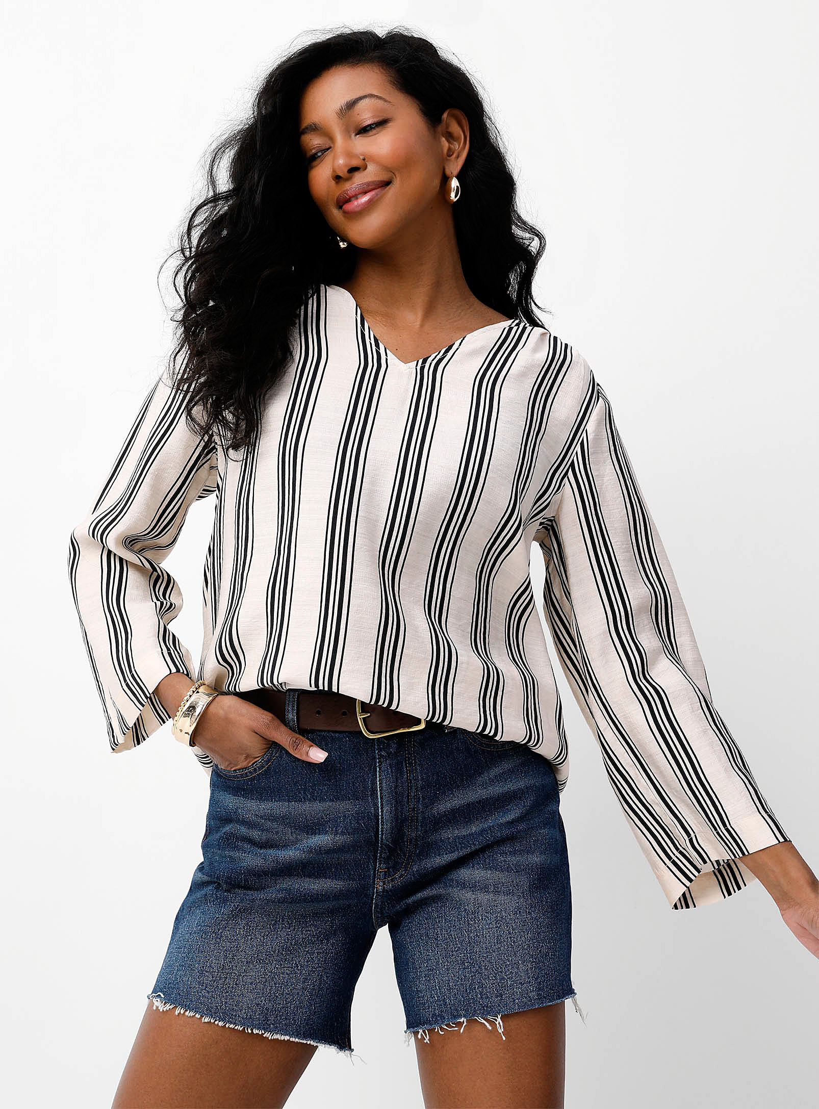 Fransa Contrasting Stripes Loose Blouse In Black And White