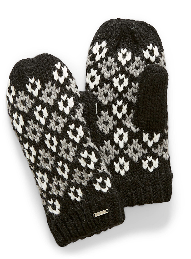 Rella Black Jacquard floret mittens for women