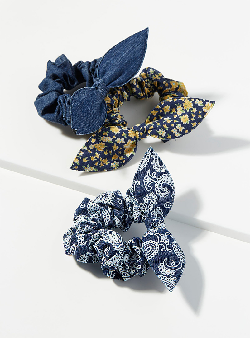 Simons Assorted blue  Mini-bow denim scrunchies Set of 3 for women