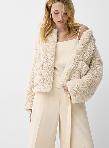 LAMARQUE Ivory/Cream Beige Emilia patch pockets boucl&eacute; high-pile fleece blazer for women