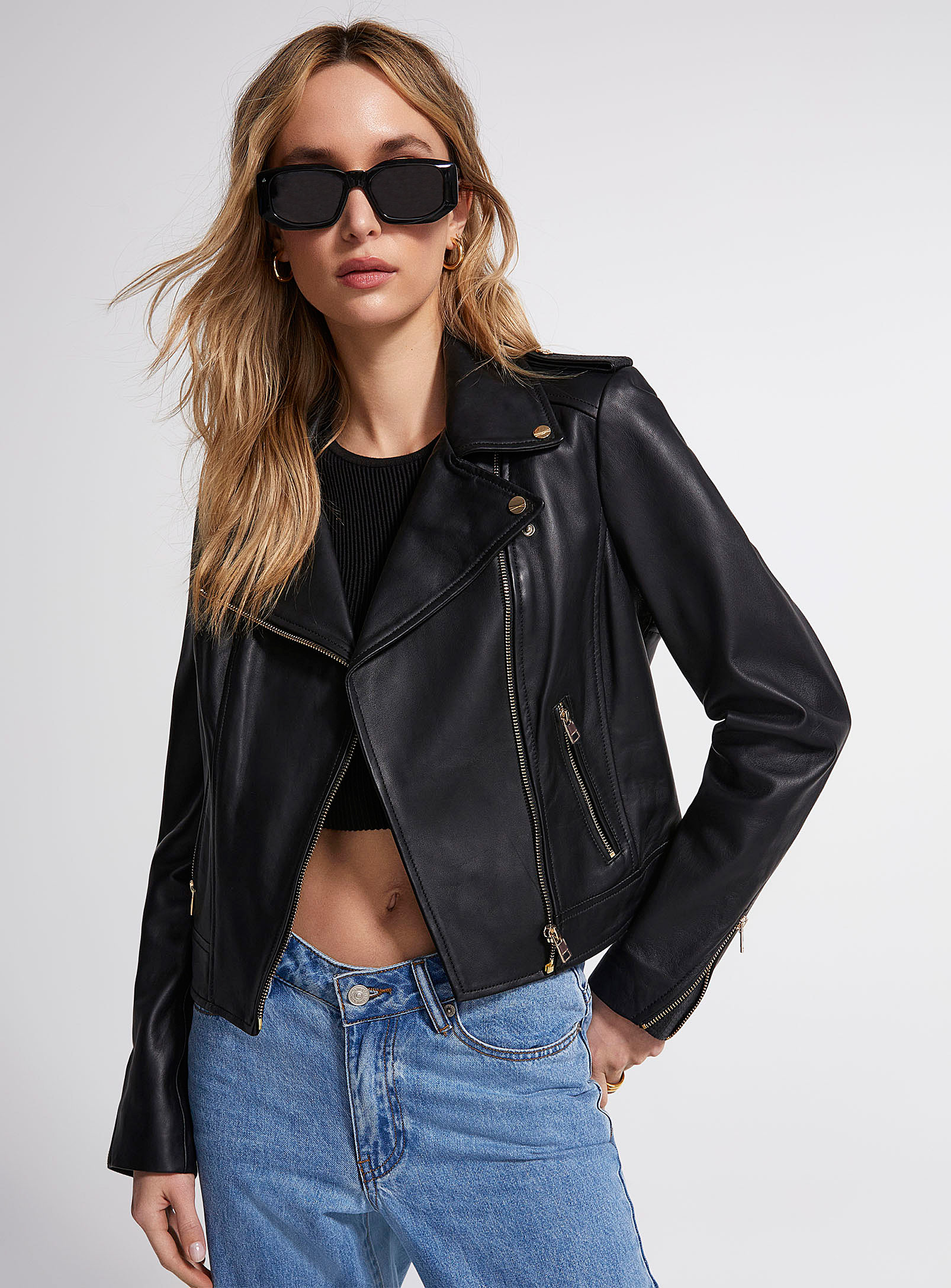 Shop Lamarque Donna Genuine Leather Biker Jacket In Black