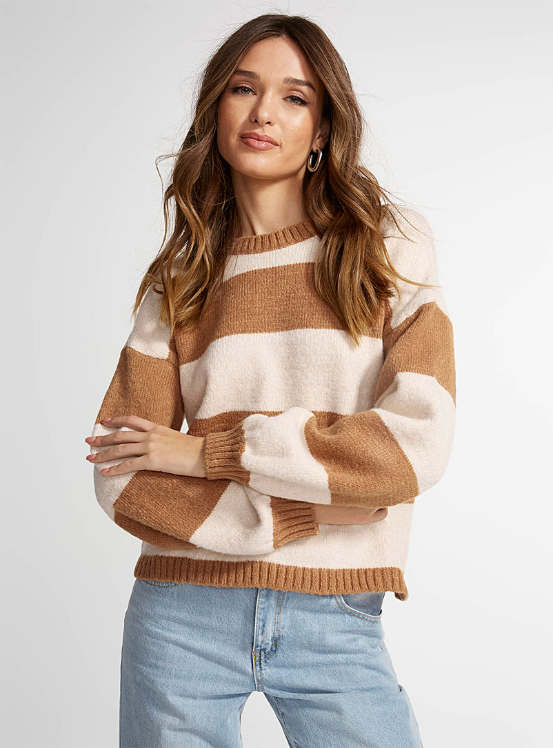 Icône Patterned beige Broad stripe plush sweater for women