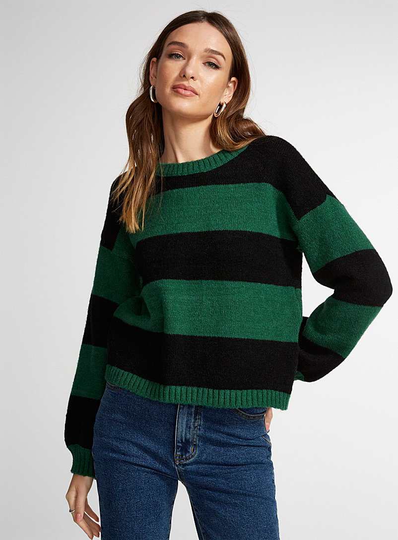 Icône Patterned green  Broad stripe plush sweater for women