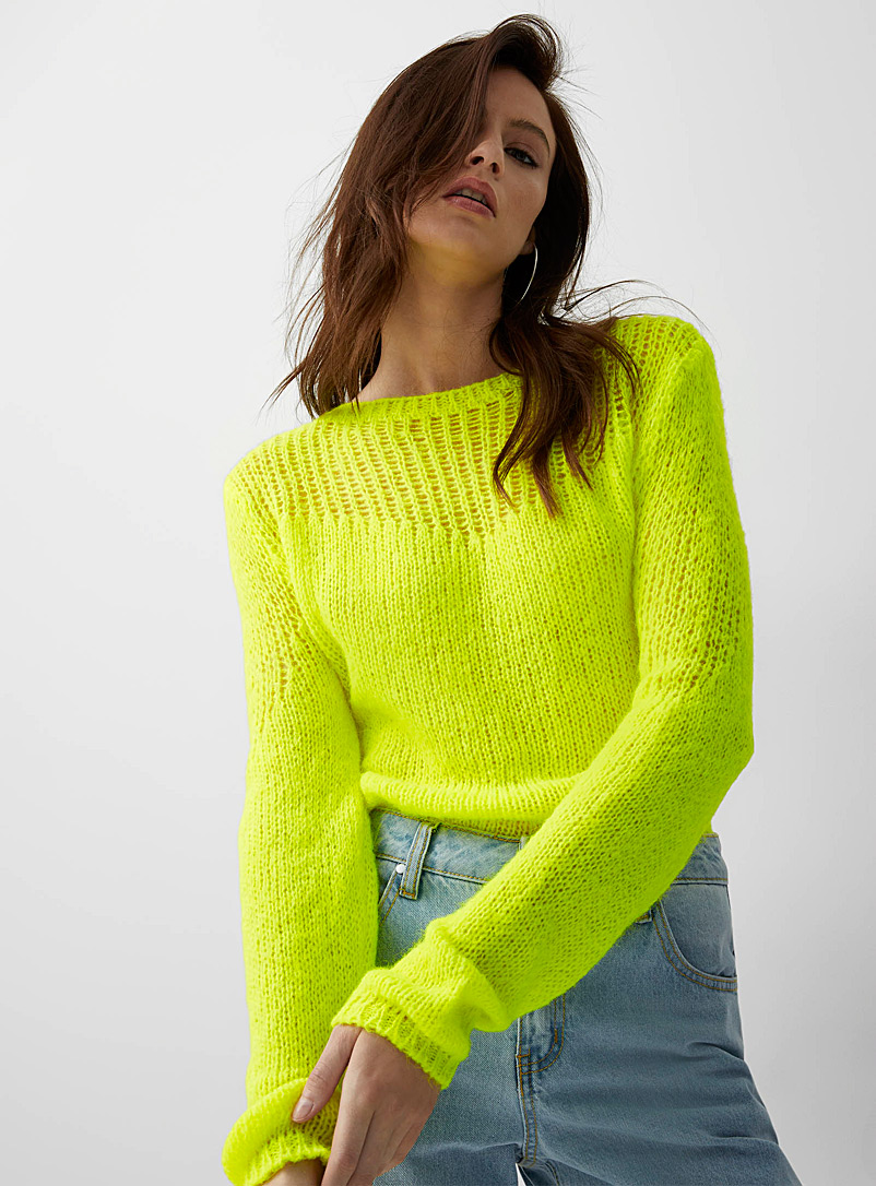 Icône Bright Yellow Lightweight openwork boat neck sweater for women