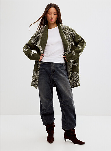Contemporaine Khaki/Sage/Olive Fringed jacquard paisley open cardigan <b>Exclusive collection from Italy</b> for women