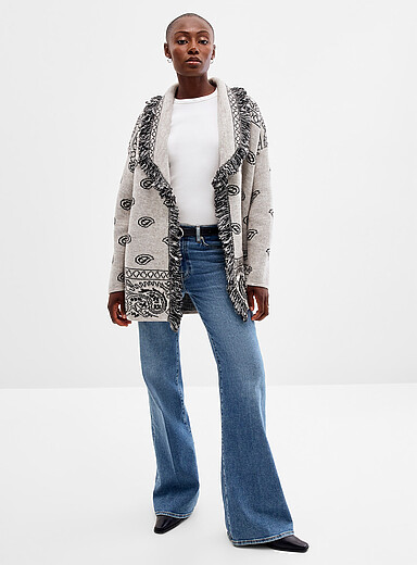 Le cardigan ouvert jacquard paisley franges <b>Collection exclusive d'Italie</b>