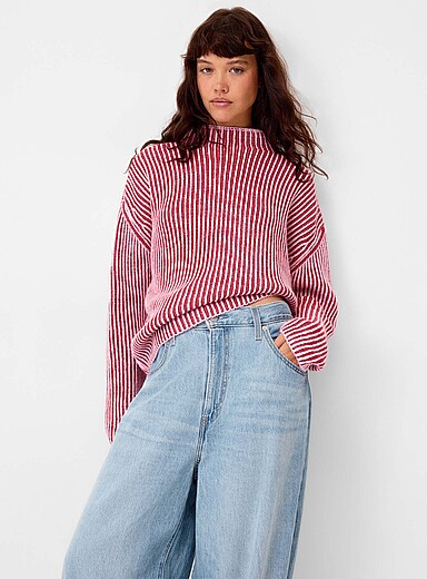 Twik Patterned Red Two-tone ribs funnel-neck sweater for women