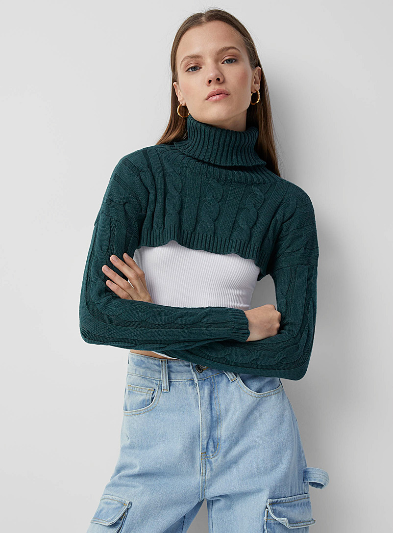 Twik Mossy Green Cable-knit turtleneck shrug for women