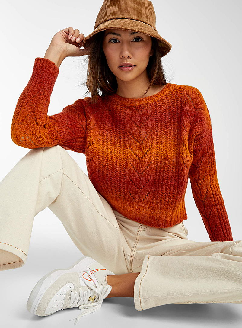 Twik Patterned Orange Graded pointelle knit sweater for women