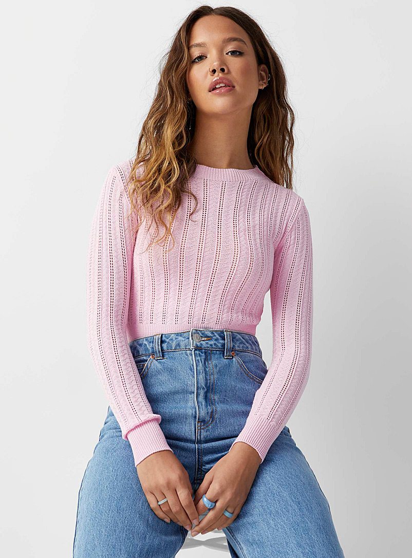 Twik Pink Pointelle stripes cropped sweater for women