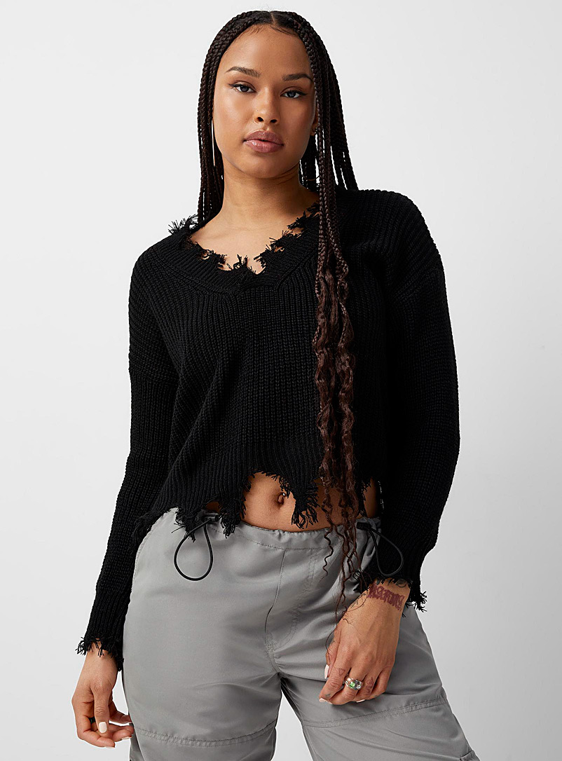 Twik Black Torn details ribbed sweater for women