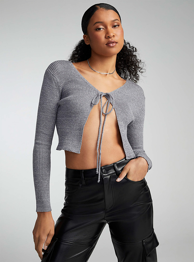 Twik Silver Shiny bow cropped cardigan for women