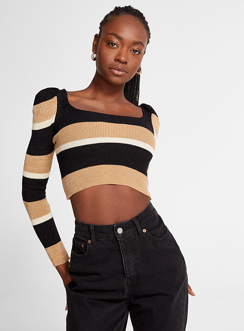 Icône Patterned black Puff-shoulder glittering sweater for women