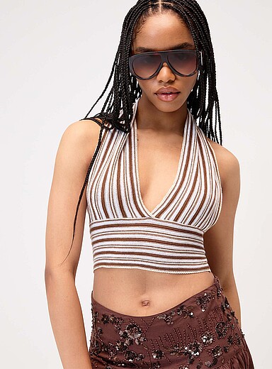 Tricolour striped knit halter cami
