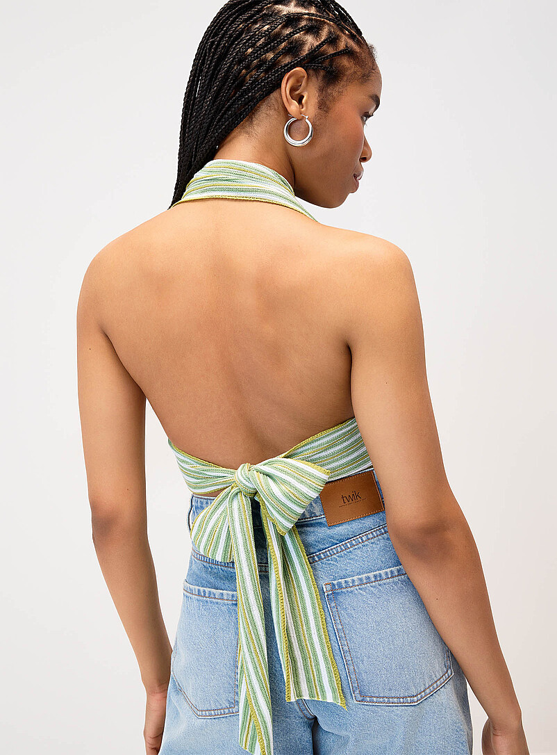 Twik Patterned Blue Tricolour striped knit halter cami for women