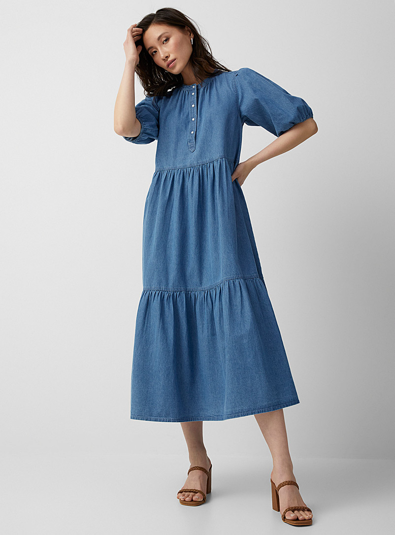 Contemporaine Blue Tiered maxi denim dress for women