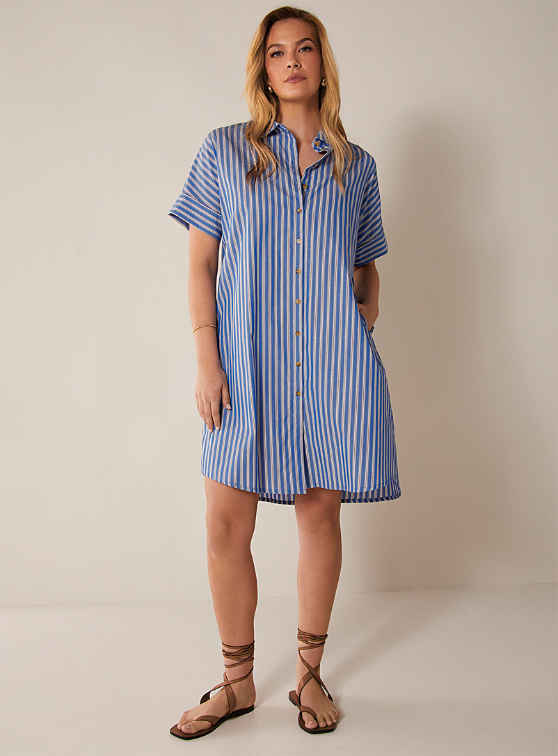 Yerse Patterned Blue Tricolour striped shirtdress for women