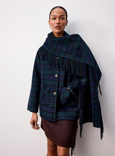 Yerse: Le manteau feutre tartan avec foulard  Vert &agrave; motifs pour femme
