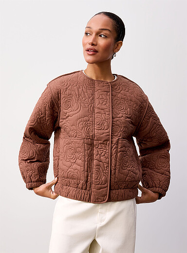 Yerse Brown Quilted roses jacket for women