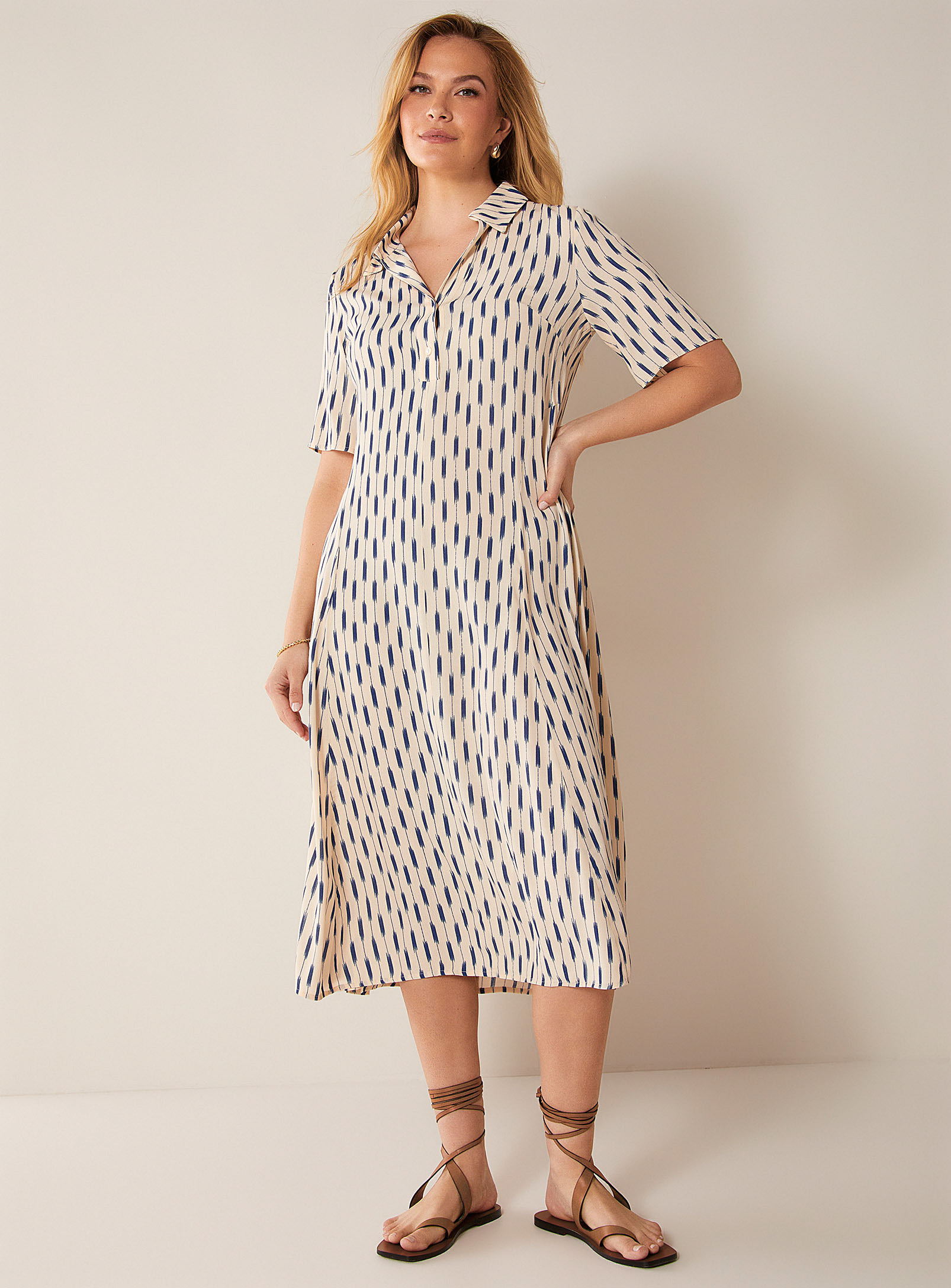 Shop Yerse Blurry Lines Shirt-collar Dress In Patterned Ecru