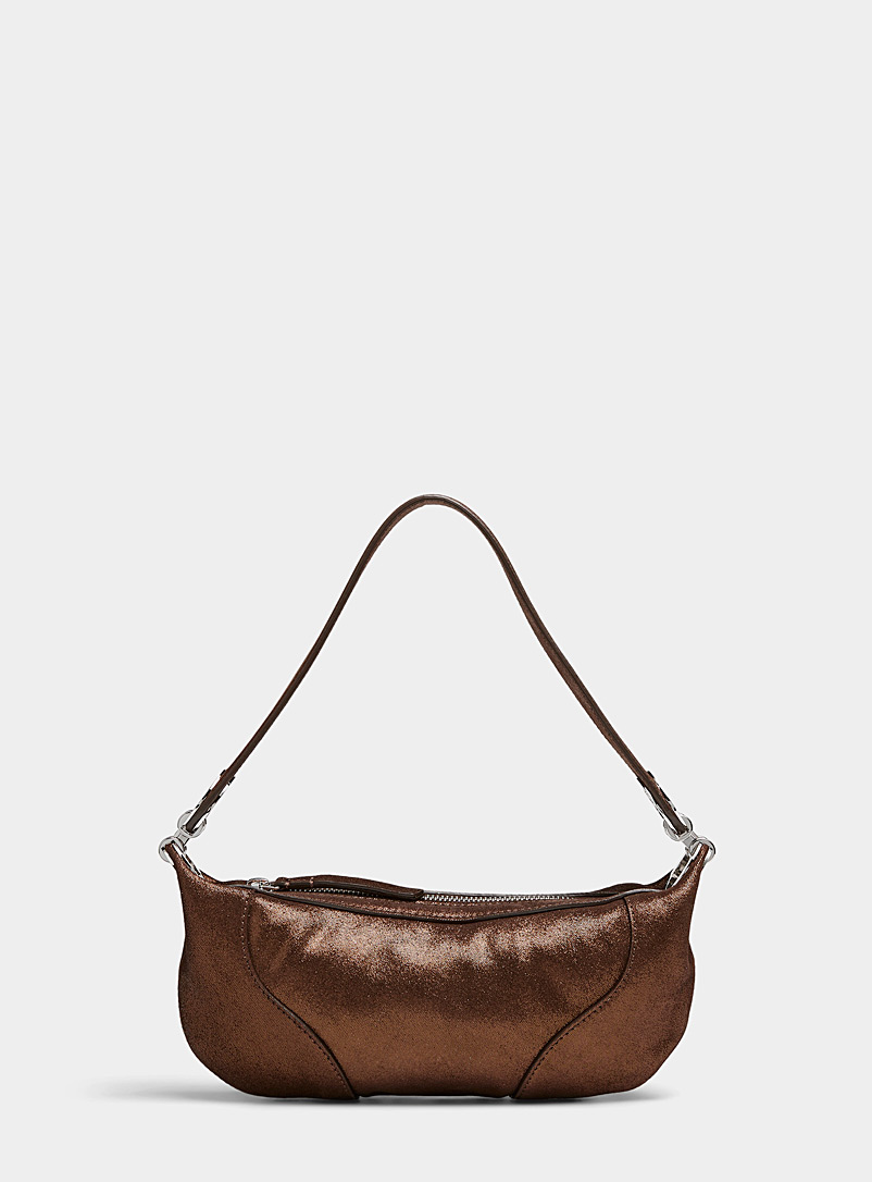 BY FAR Dark Brown Amira glossy leather mini baguette bag for women