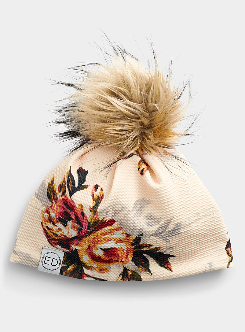 EDdesign: La tuque florale pompon amovible Blanc à motifs pour femme