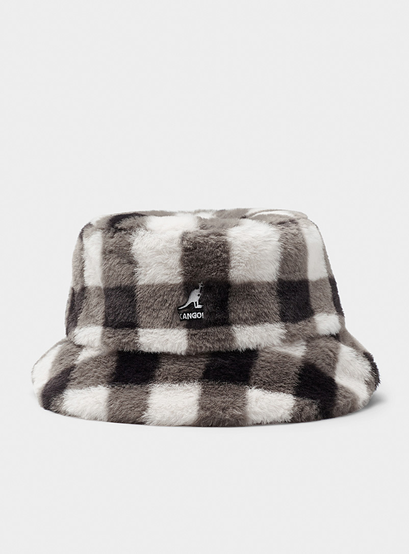 Kangol Patterned Black Faux-fur gingham bucket hat for women
