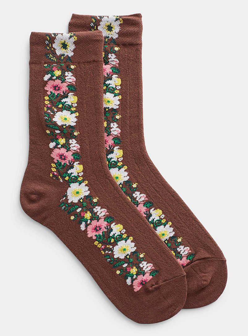 Simons Brown Floral band ribbed socks for women