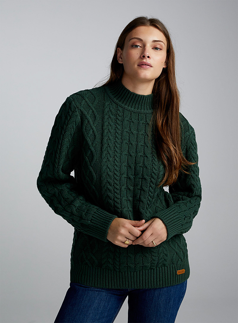 Hooké: Le chandail col montant tricot câbles Vert foncé-mousse-olive pour femme