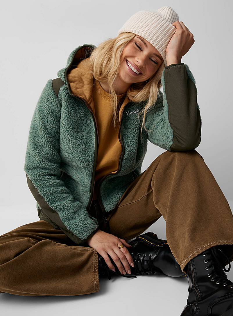 Hooké Bottle Green Plain sherpa fleece hoodie for women