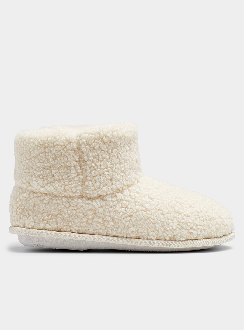 Miiyu Ivory White Bouclé bootie slippers for women